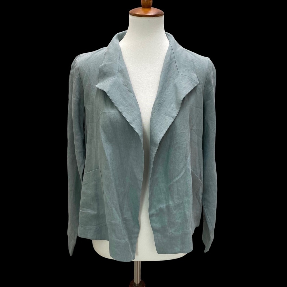 Eileen Fisher Funnel Neck Jacket Spring Linen Petite Small Tarragon Blue Green
